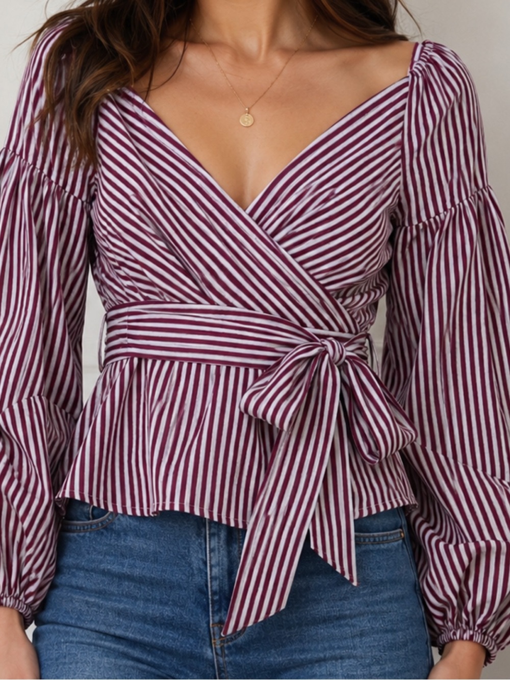 Express Striped Wrap Peplum Blouse Balloon Sleeve Tie Waist M